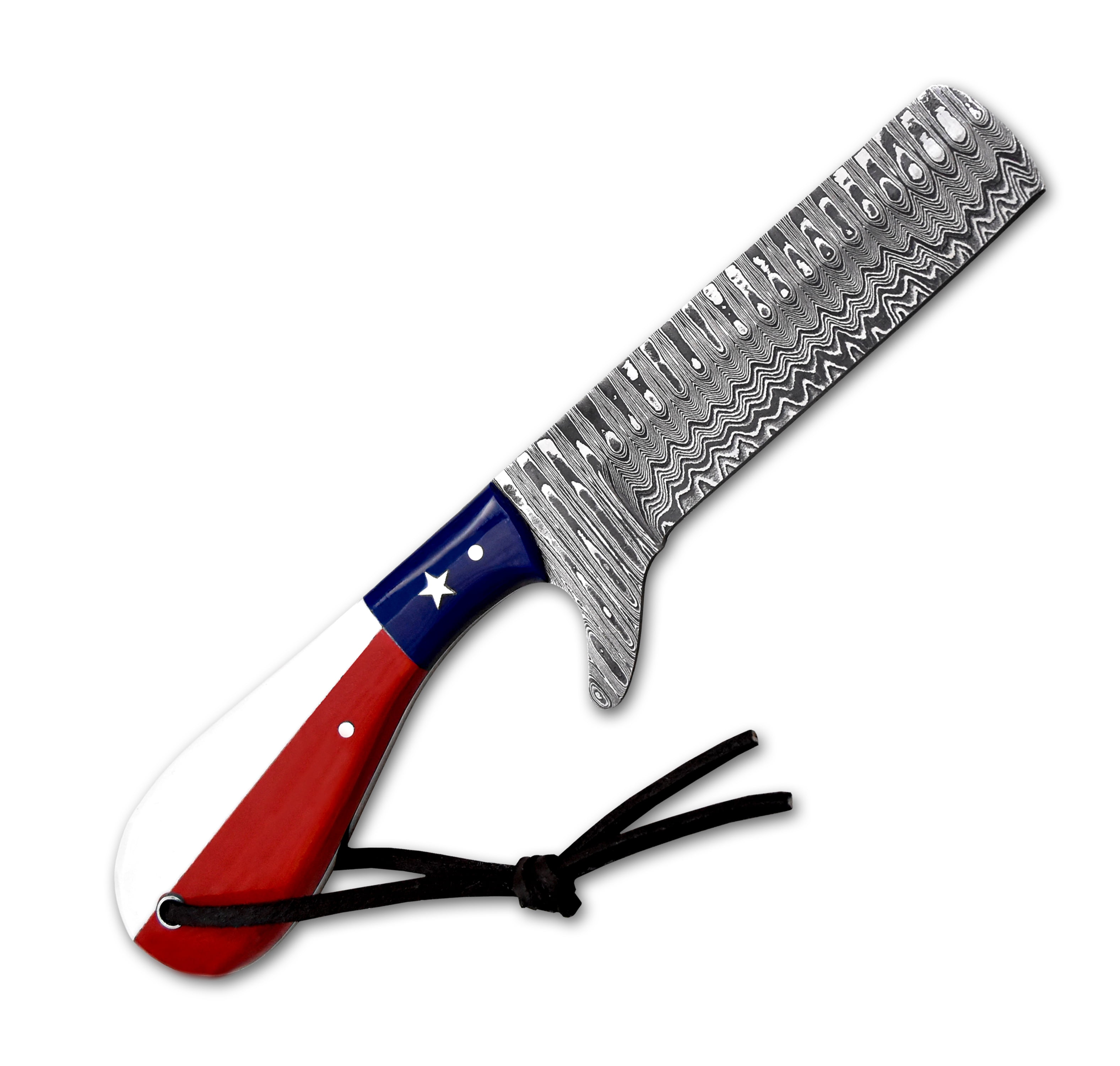 Hercules Knives Damascus Steel Bull Cutter Knife, Hunting, Camping, Bushcraft Knife with Leather Sheath ,Texas Flag Resin Handle