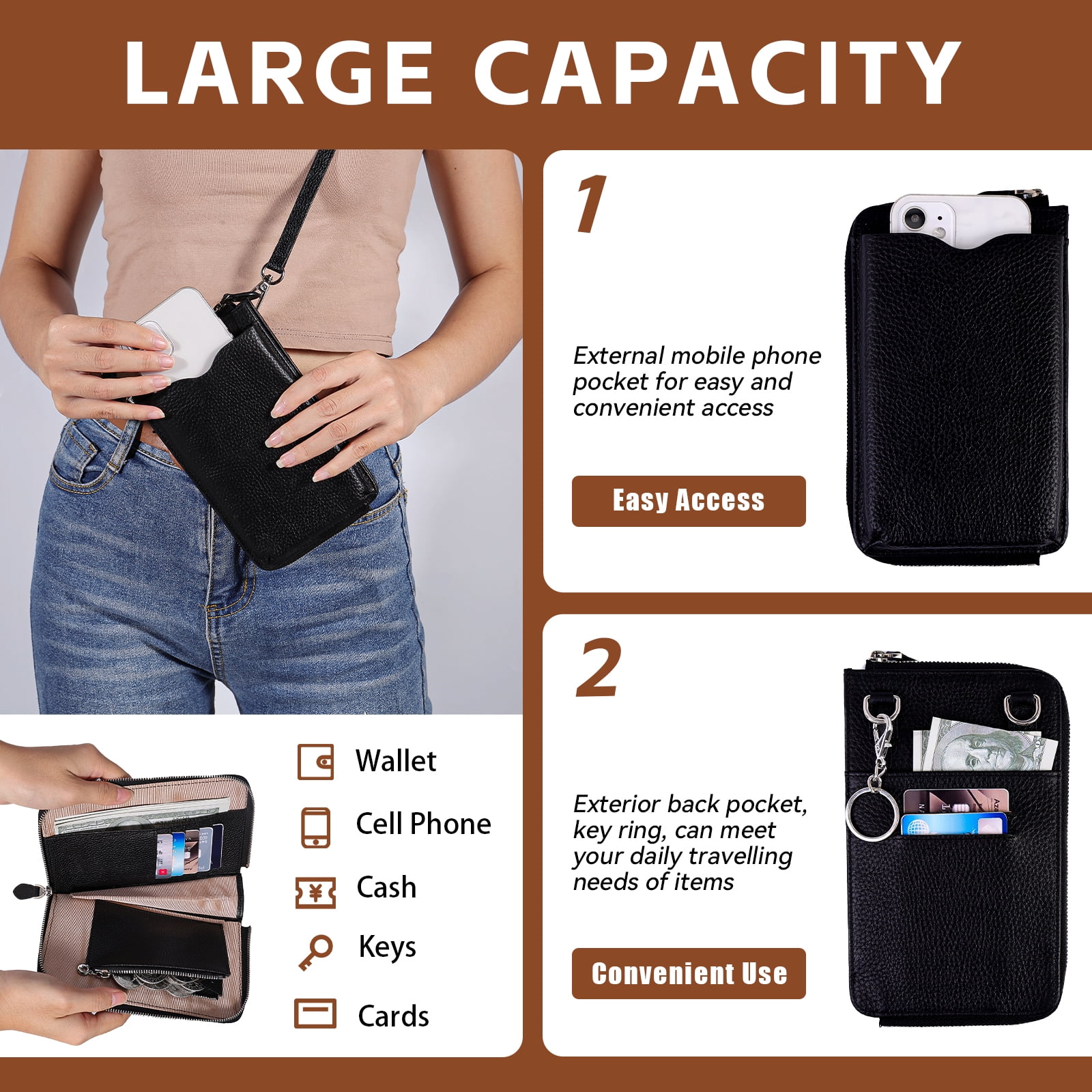 Egoelife Leather Crossbody Phone Bag - Trendy Shoulder Purse with Card Slots, Large Capacity Mini Clutch Wallet for Women & Men