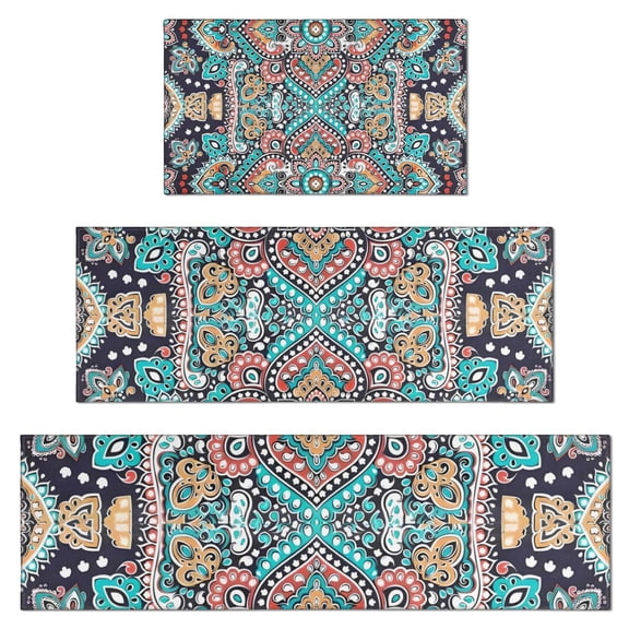 Multicolor Ethnic Paisley Pattern Kitchen Rugs Sets Of 3,Kitchen Runner Rugs Non Skid Washable,Decorative Kitchen Floor Mats for Kitchen,Sink,Laundry,17"x30" 17"x47" 17"x59"