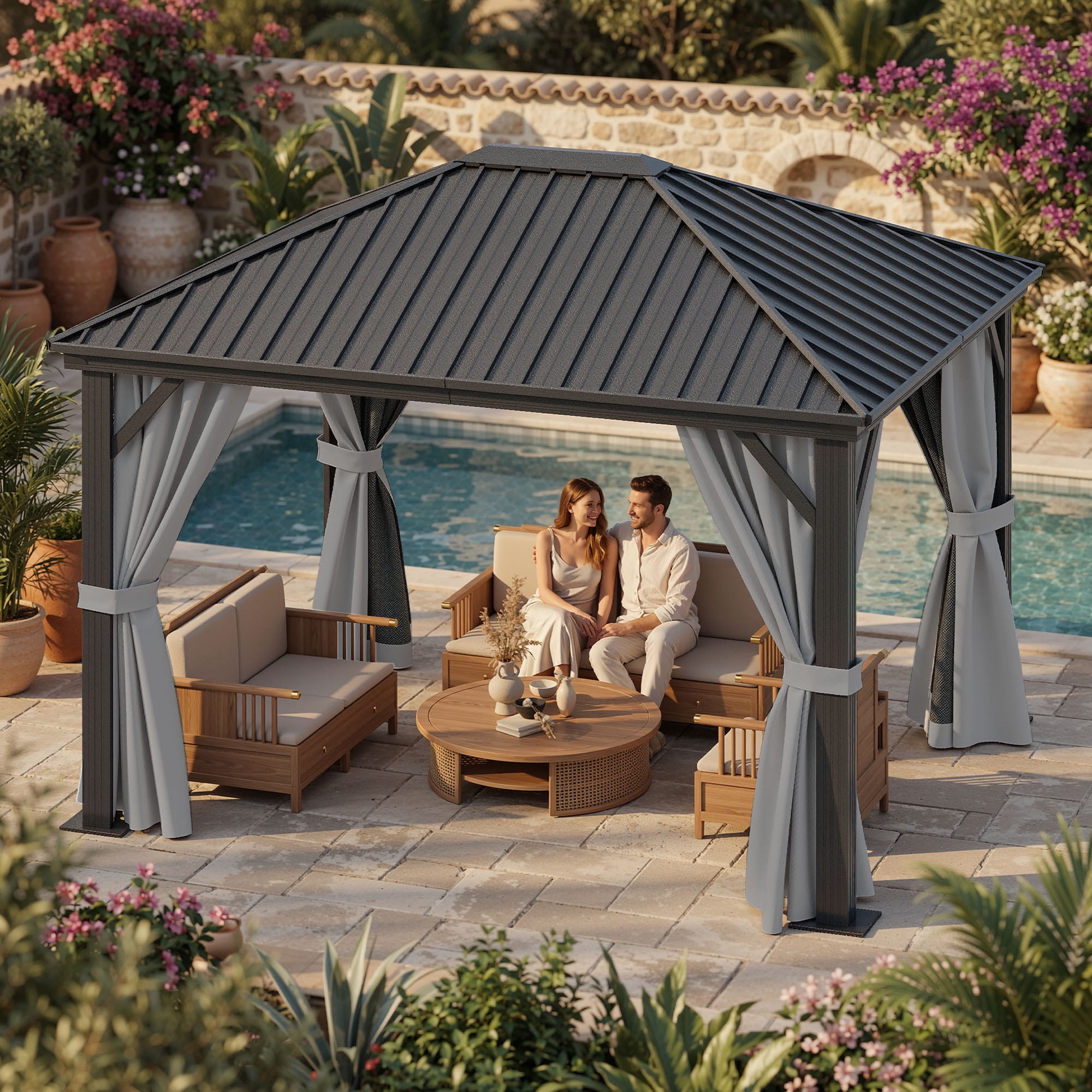 Dextrus 10x12FT Hardtop Gazebo with Nettings&Curtains,Outdoor Galvanized Steel Hardtop for Patio, Backyard, Deck, and Lawns -Grey