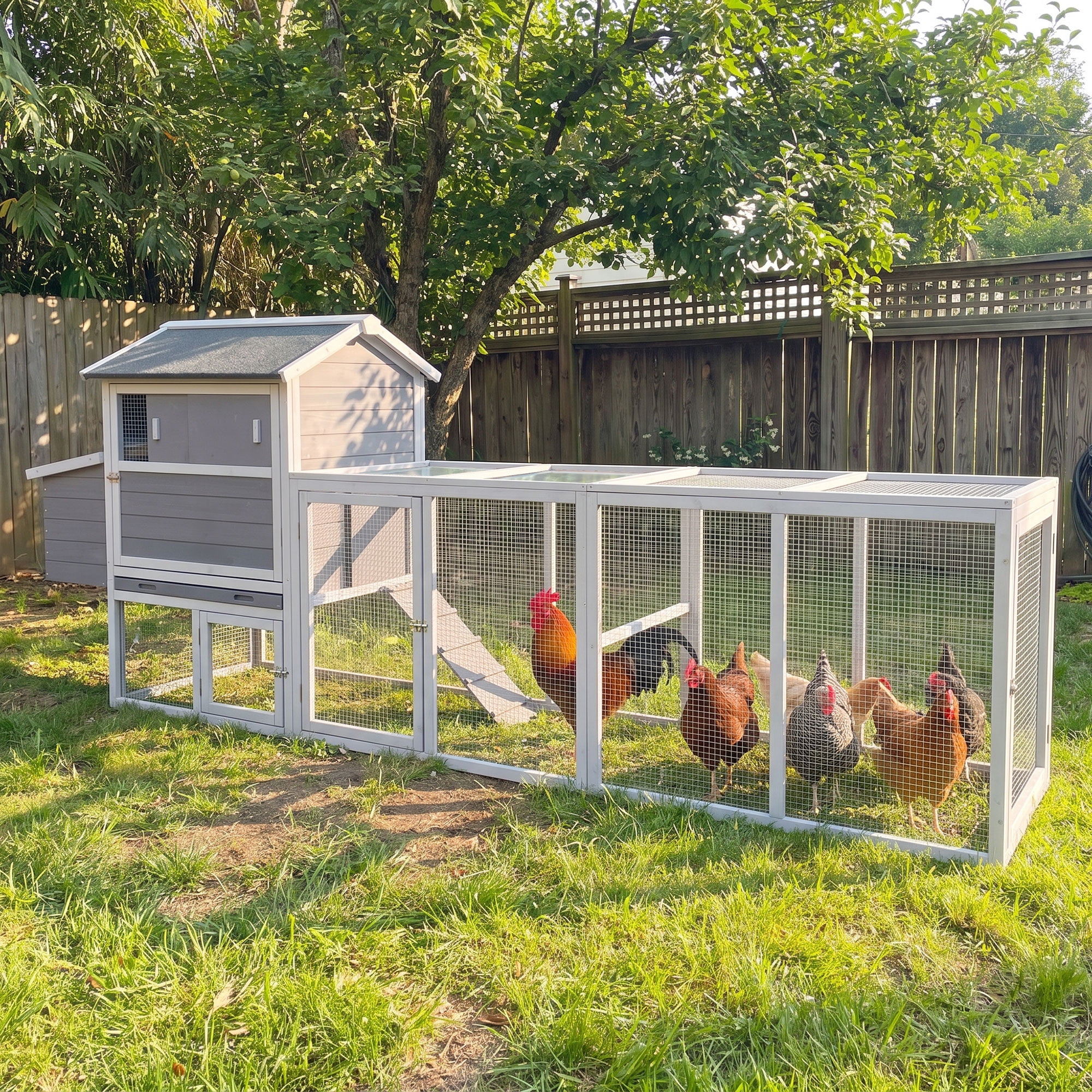 Backyard Chicken Coop with Nesting Box, Weather Resistant Wooden Hen House, Walk-In Run Options, Fits 2-6 Chickens, Gray Coop with Run