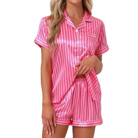 DARING DIVA Women s 2 Pcs Satin Silky Contrast Color Trim Pajama Set XS Hot Pink