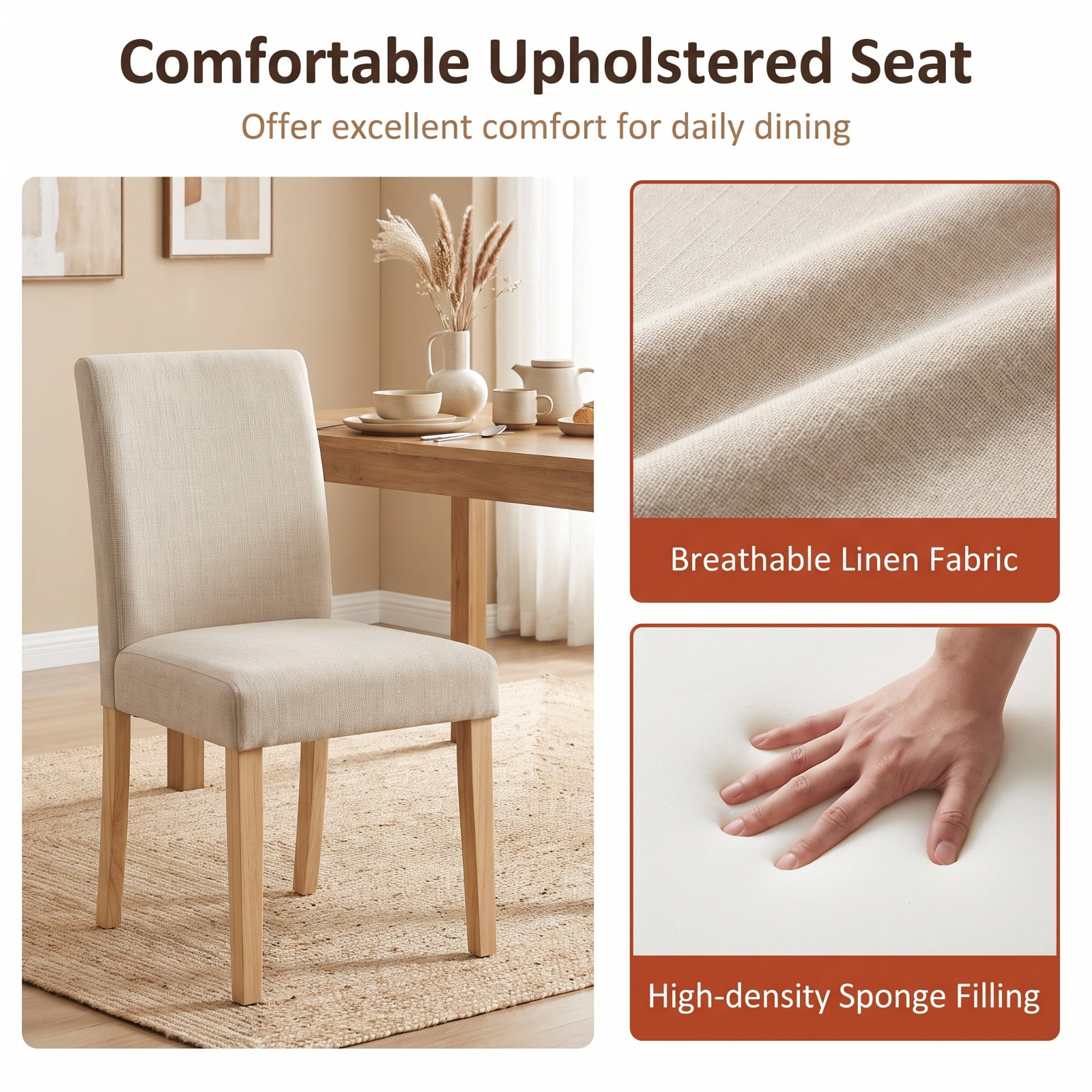Furnibear Upholstered Dining Chairs with Solid Rubber Wood Legs Set of 2 for Kitchen Dining Room Living Room Home, Beige