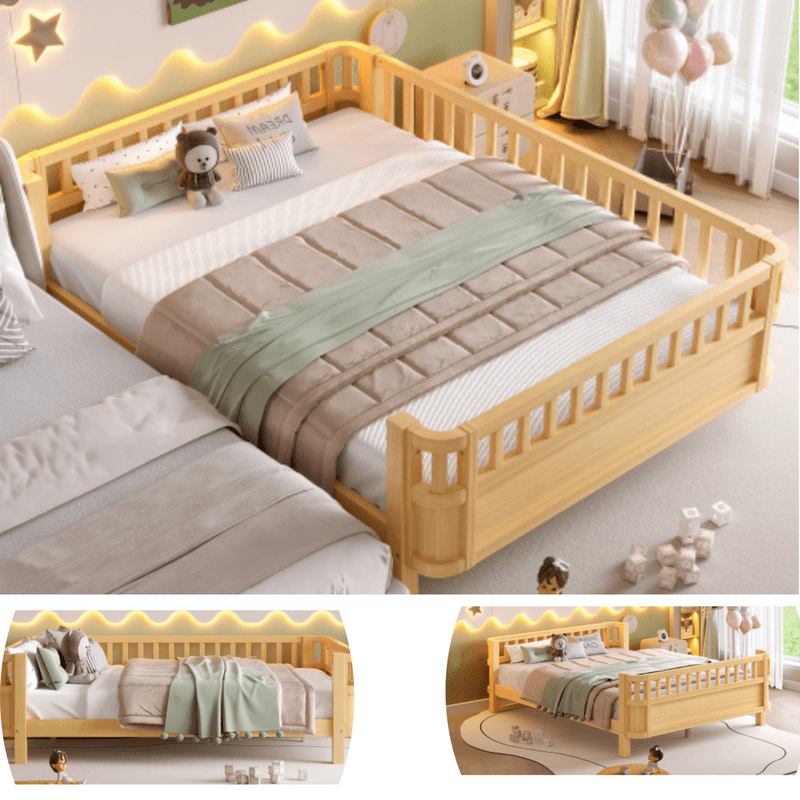 Bellemave Full Size Bed Frame, Full Montessori Bed with Safety Guardrails and Detachable Fence, Wooden Platform Bed Full Daybed Frame, Low Profile & Rounded Corners Design, Natural