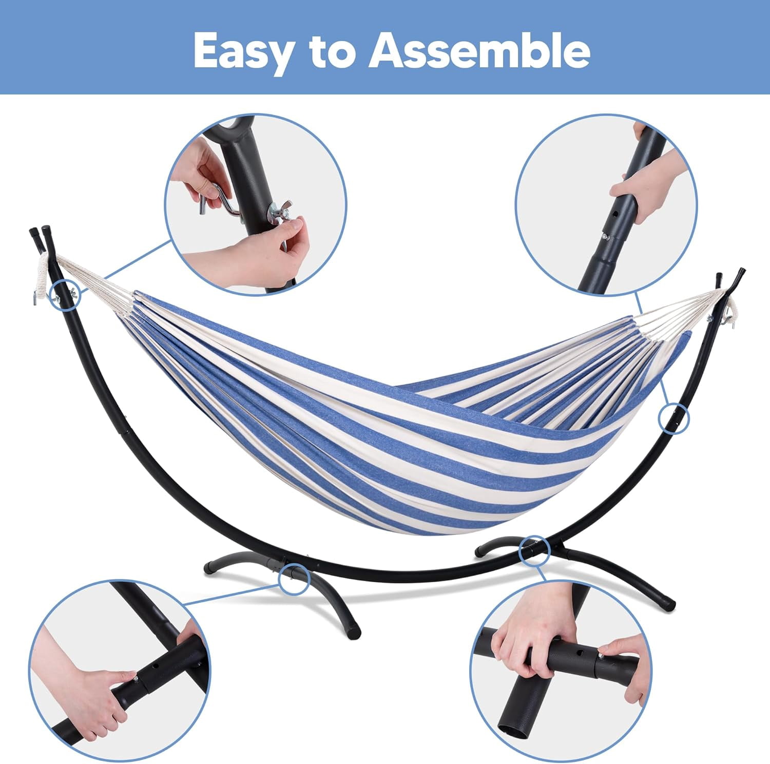 SUNCREAT Backyard Hammock with Frame, Hammock Frames for Outside, 475 lbs Capacity, Blue & White Stripes