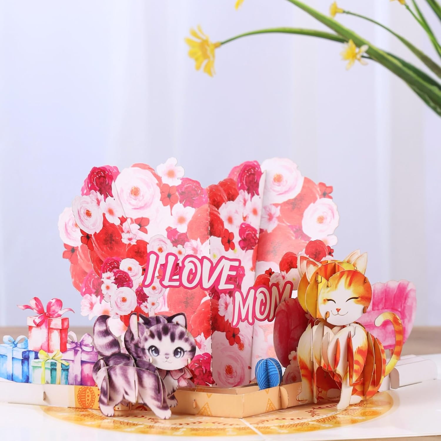 I Love You Mom, Pop Up Mother’s Day Card, 3D Cat Mom & Floral Heart Shaped Birthday Cards, Ideal Gift for Wife, Godmother, Stepmom, Sister, Grandma, Mother in law, 6x8 - Includes Envelope And Note