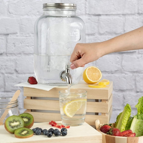 2 Gallon Glass Beverage Dispenser with Ice and Fruit Infusers, Stainless Steel Spigot and Metal Lid, Wide Mouth Mason Jar Drink Dispenser, for Iced Tea, Kombucha Brewing and more