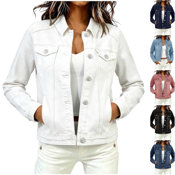 Husipze Cropped Jean Jackets for Women Classic Lightweight Fitted Button Down Stretchy Short Denim Jacket with Pockets White S