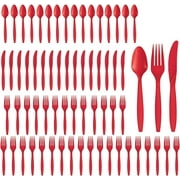 Party City Assorted Disposable Cutlery Set, 64-Piece Set (Red) - 32 Forks, 16 Knives & 16 Spoons - Go Brightly Heavy Duty Disposable Plastic Forks, Spoons & Knives - Party Supplies Cutlery