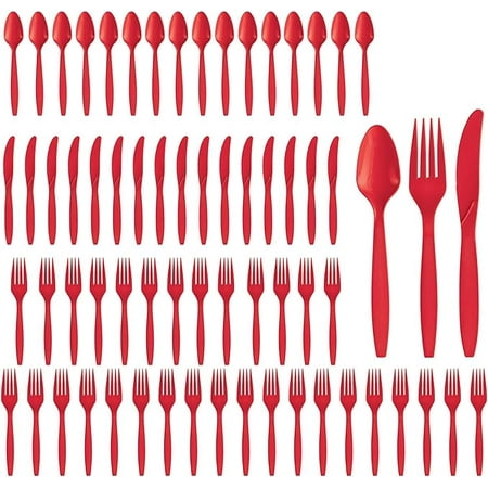 Party City Assorted Disposable Cutlery Set, 64-Piece Set (Red) - 32 Forks, 16 Knives & 16 Spoons - Go Brightly Heavy Duty Disposable Plastic Forks, Spoons & Knives - Party Supplies Cutlery