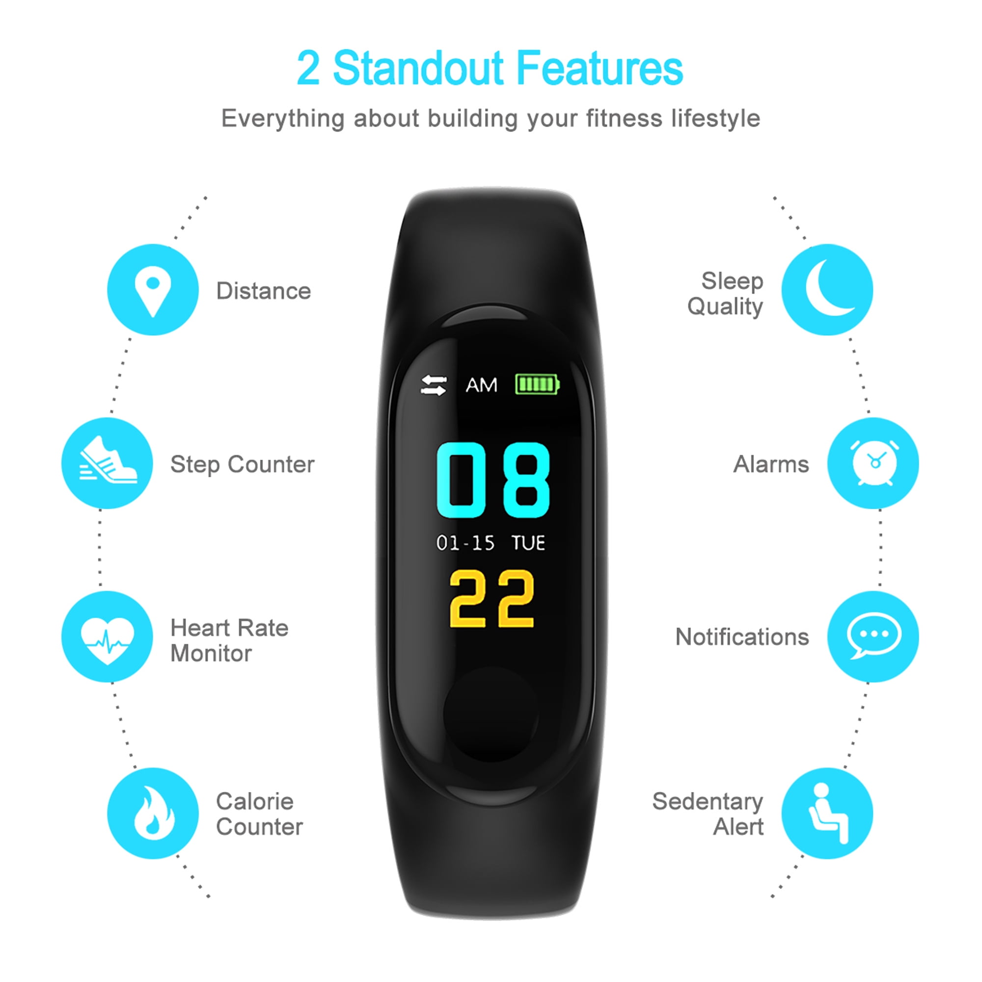 Fitness Tracker Heart Rate Monitor Waterproof Activity Tracker Bluetooth Wireless Smart