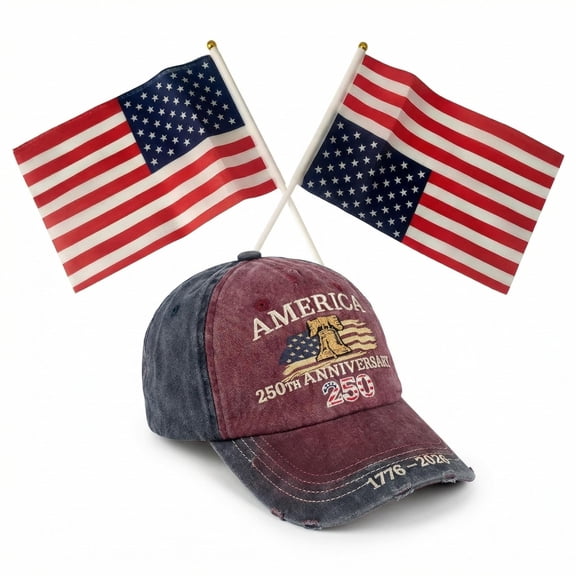 1776 Hat Men Women, 3D Embroidered Vintage Washed Denim 250th Anniversary Caps & Flags Set, 4th Of July USA 250 Anniversary Hat