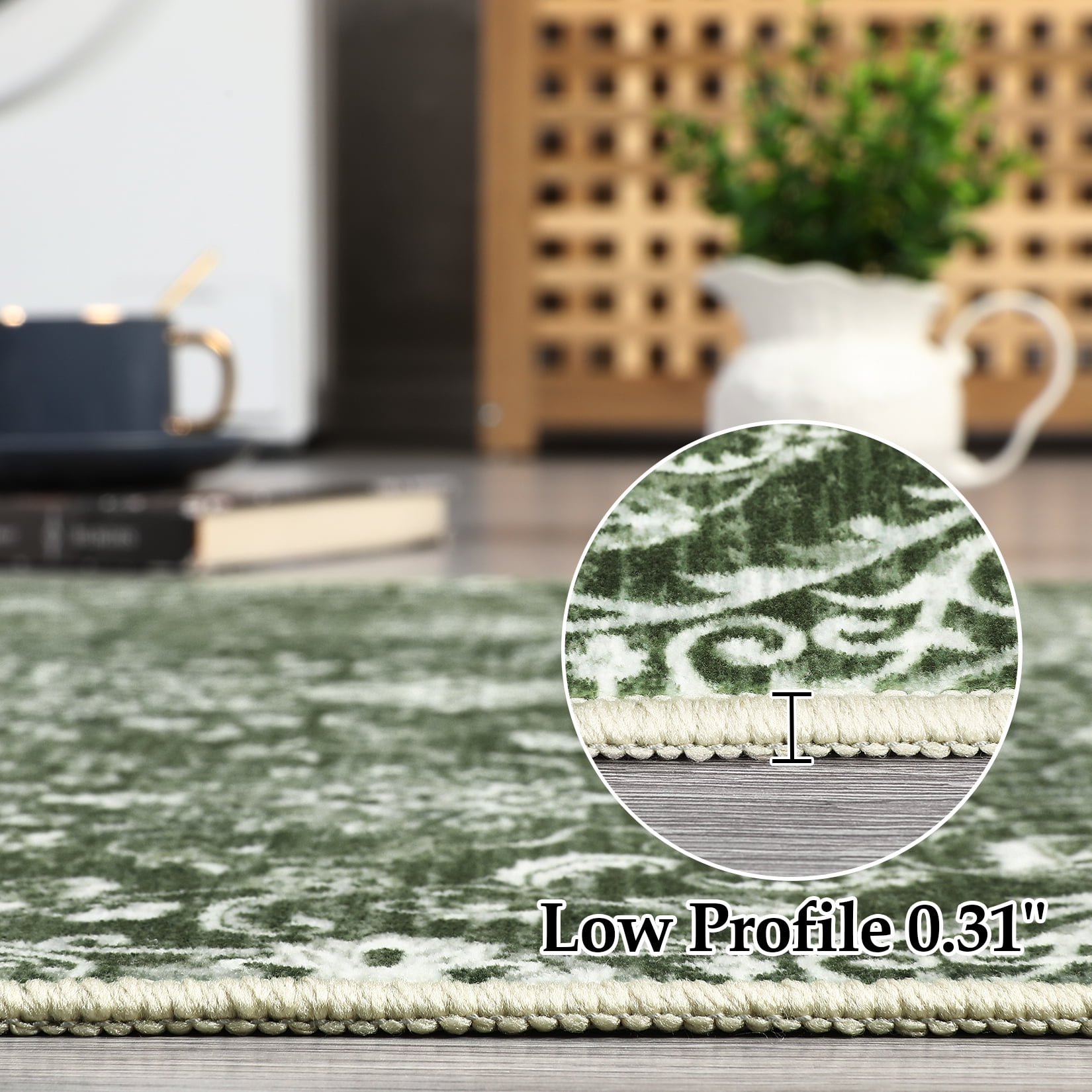 Hasoo 8' x 10' Damask Area Rug for Living Room Boho Vintage Rug Non Slip Throw Rugs Floral Bedroom Rug, Green