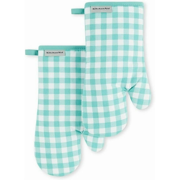 Gingham Oven Mitt 2-Pack Set, Aqua Sky, 7"x13"