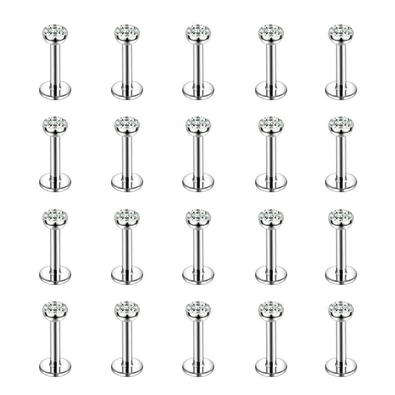 20Pcs/set 16G Steel Color Labret Lip Studs Rings White Cubic Zirconia Monroe Medusa Piercing Conch Helix Cartilage Piercing