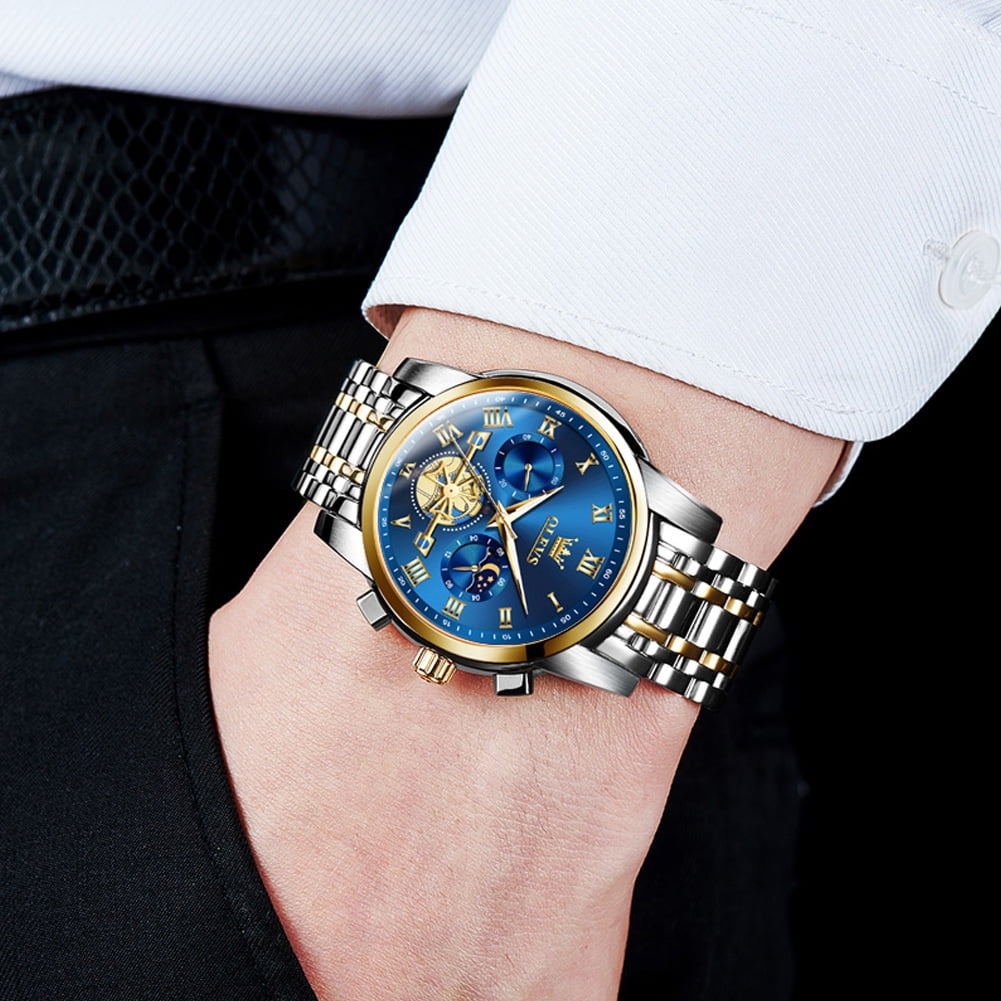 OLEVS Mens Watches Chronograph Business Dress Quartz Stainless Steel Waterproof Luminous Date Wrist Watch For Men Blue Dial