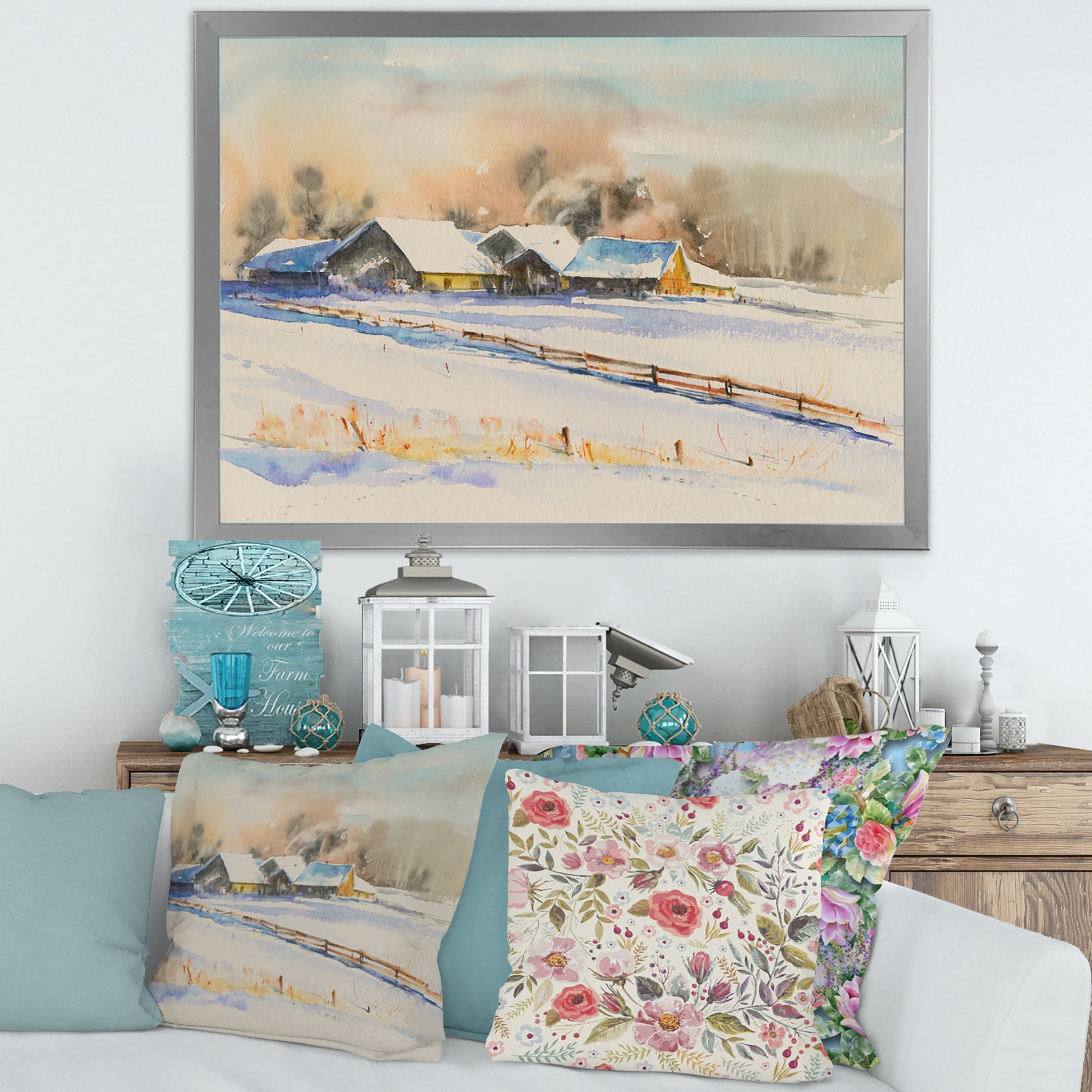 Designart 'Small VIllage At Evening Covered With Snow' Traditional Framed Art Print
