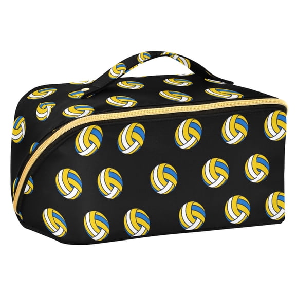 FORMRS Makeup Bag Travel Cosmetic Organizer for Women Fold Flat Zipper Pouch with Handle, Black Volleyball Pattern