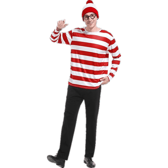 Adult Red and White Striped Shirt Outfit Halloween Cosplay Costume Shirt Hat Glasses