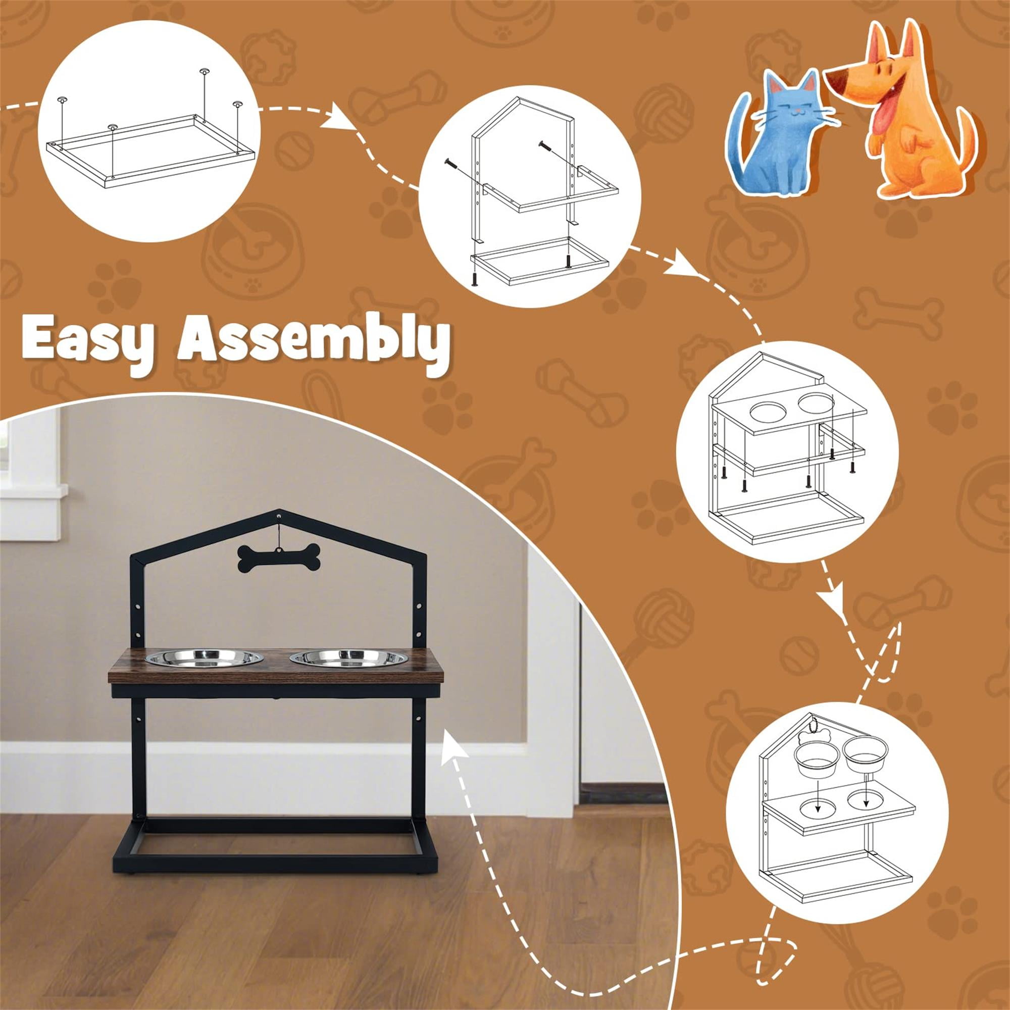 Kadyn 9"-17" Elevated Pet Feeder with 2 Stainless Steel Dog Bowl, Pet Food Bowls for Feeding Small Medium Dogs Cats Puppies, Brown