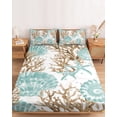 thumbnail image 2 of Cal.King Size Fitted Sheet Set - Green Coastal Seashells 3 Piece Bedding Sets 16" Deep Pocket Fitted Sheet with 2 Pillowcases, Nautical Brown Coral Starfish Brushed Microfiber Hotel Luxury Bed Sheets, 2 of 9