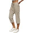 thumbnail image 4 of Womens Capri Pants Cotton Linen Drawstring Elastic Waist Cropped Trouser Solid Color Loose Straight Long Shorts with Pockets for Daliy Wear, 4 of 7