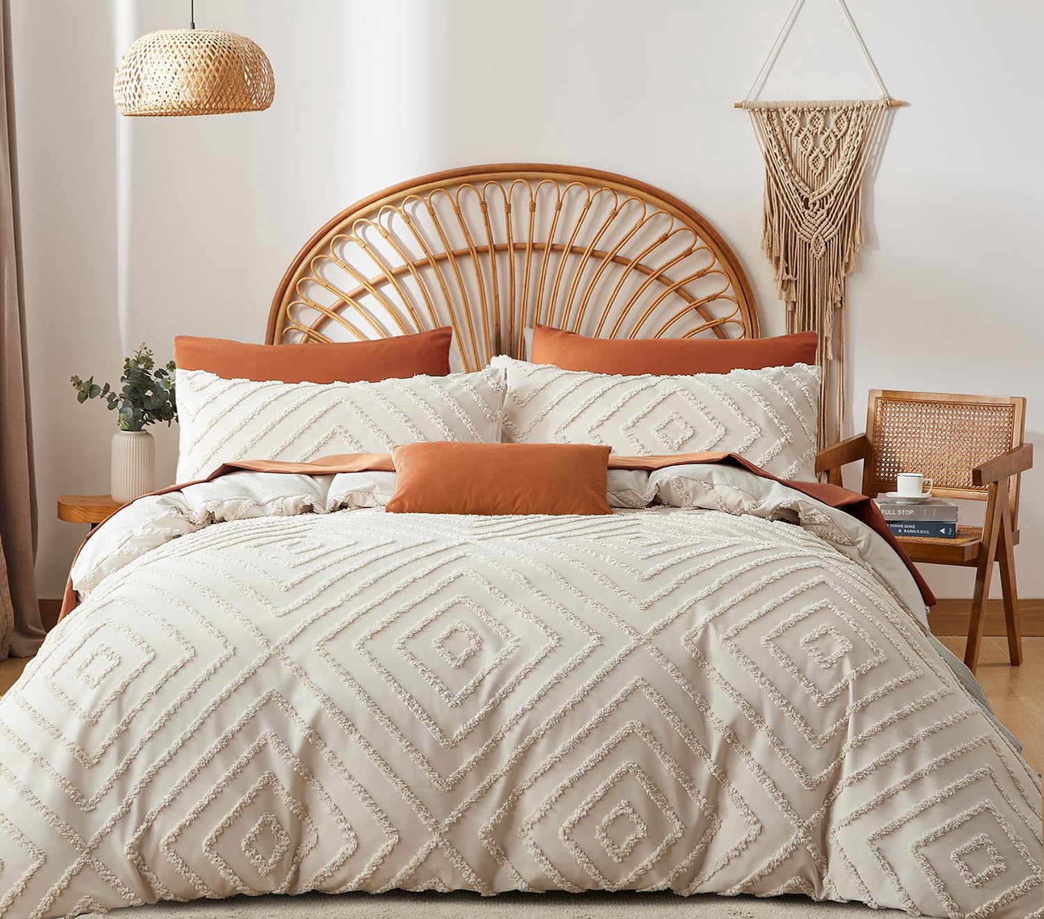 JOLUSERE Jacquard Geometric Pattern Tufted Duvet Cover Queen Set, 3 Pieces Boho Ultra Soft Embroidery Bedding Set, Beige