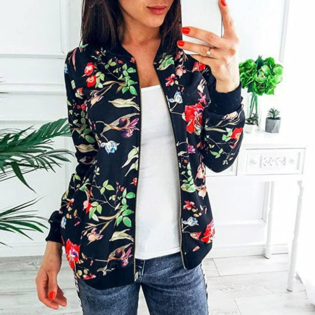 IROINID Veste Courte de Loisirs pour Femmes, Imprimés Graphiques, Veste Bomber à Manches Longues, Noir