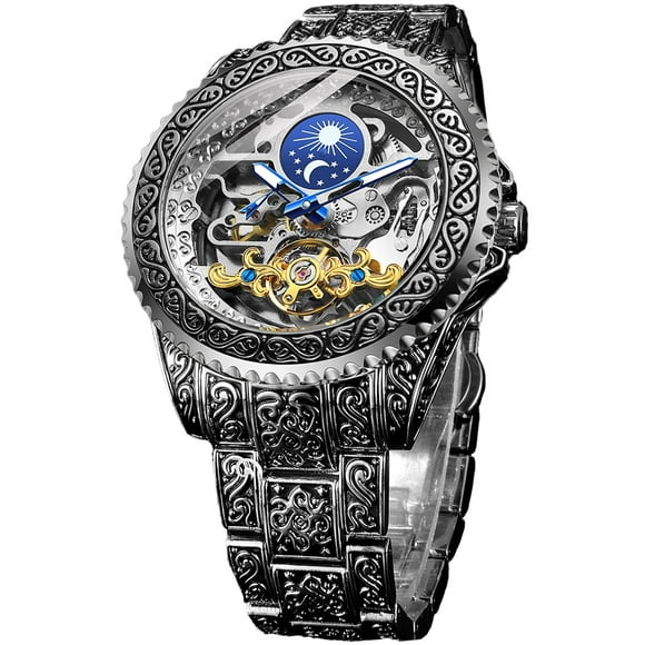 Forsining Retro Watch for Men carved Self-Wind Mechanical Tattoo Tourbillon Moon Phase Independent Seconds Skeleton Automatic Big Dial Wrist Watches,Silver