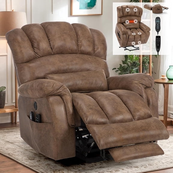 EPICOZY Tall Man Dual Motor Oversized Power Lift Recliner Chair with Extend Footrest, Infinite Position, Lay Flat Sleeper Electric Recliner W/Massage and Heat, Lumbar Pillow, USB &Type-C Port, Brown
