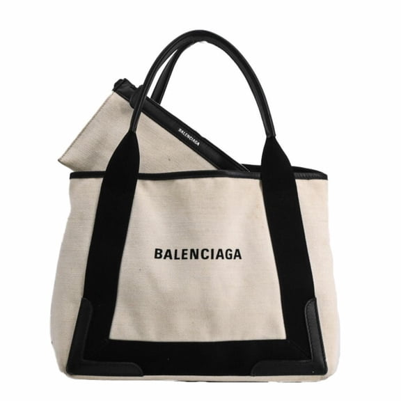 Pre-Owned BALENCIAGA Navy Cabas S Tote Bag in Leather and Canvas, White Ivory,... (Good)