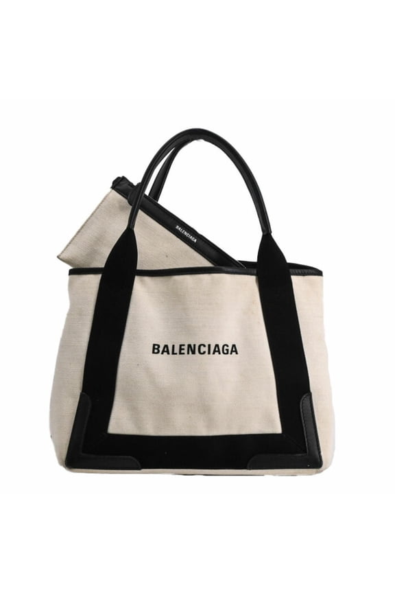 Pre-Owned BALENCIAGA Navy Cabas S Tote Bag in Leather and Canvas, White Ivory,... (Good)