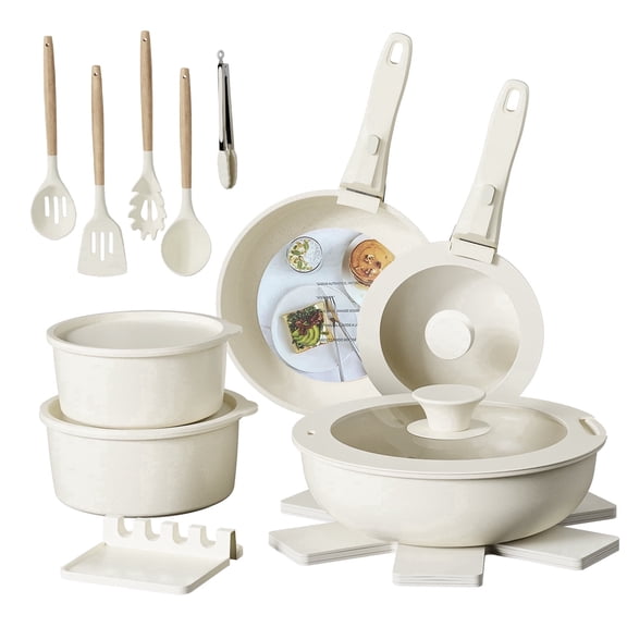 NULAS 21 Piece Pots and Pans Set Non Stick, Stackable RV Kitchen Cooking Set , Cookware Set with Detachable Handle, Dishwasher Safe,  Oven Safe, Cream White
