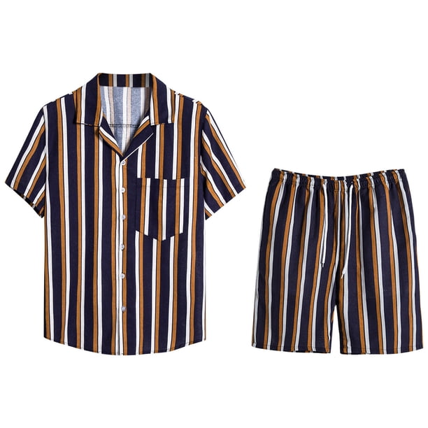 Conjunto casual de blusa y pantalones de playa de manga corta con estampado de rayas y botones de cobertura para hombres Pompotops oipoqjl35475