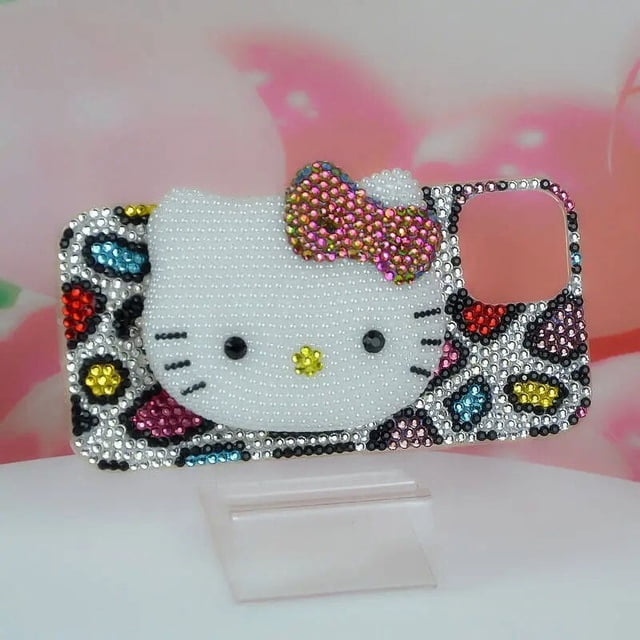 Sanrio-Hello Kitty Makeup Mirror Rhinestone Phone Case iPhone 11 12 Original 13 14 Pro Max 7 8 Plus XR Hello Kitty 15 RJ