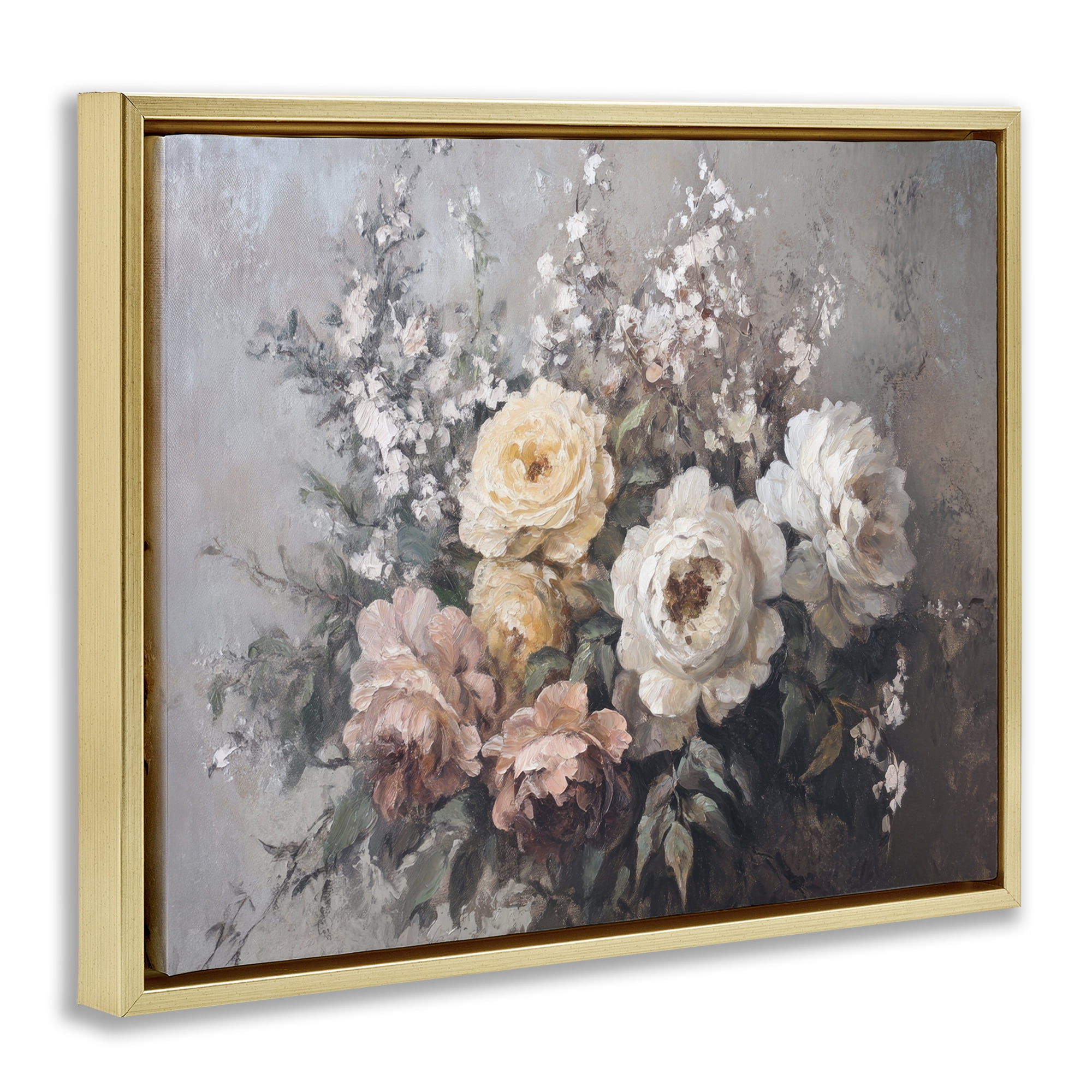 Stupell Industries Roses & Peonies on Gray Plants & Flowers Painting Gold Floater Framed Canvas Art Print Wall Art, 31 x 25