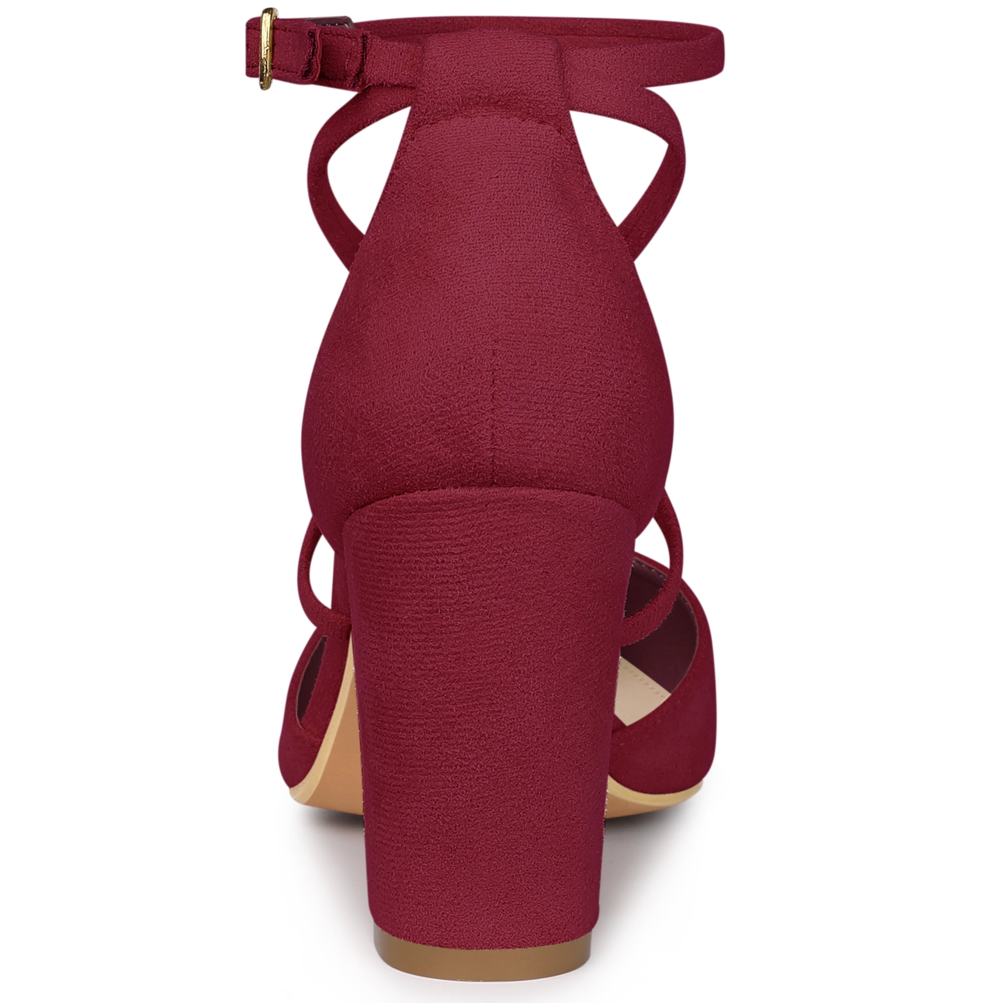DARING DIVA Women's Pointed Toe Cross Strap Chunky Heels Pumps Shoes Burgundy 8.5