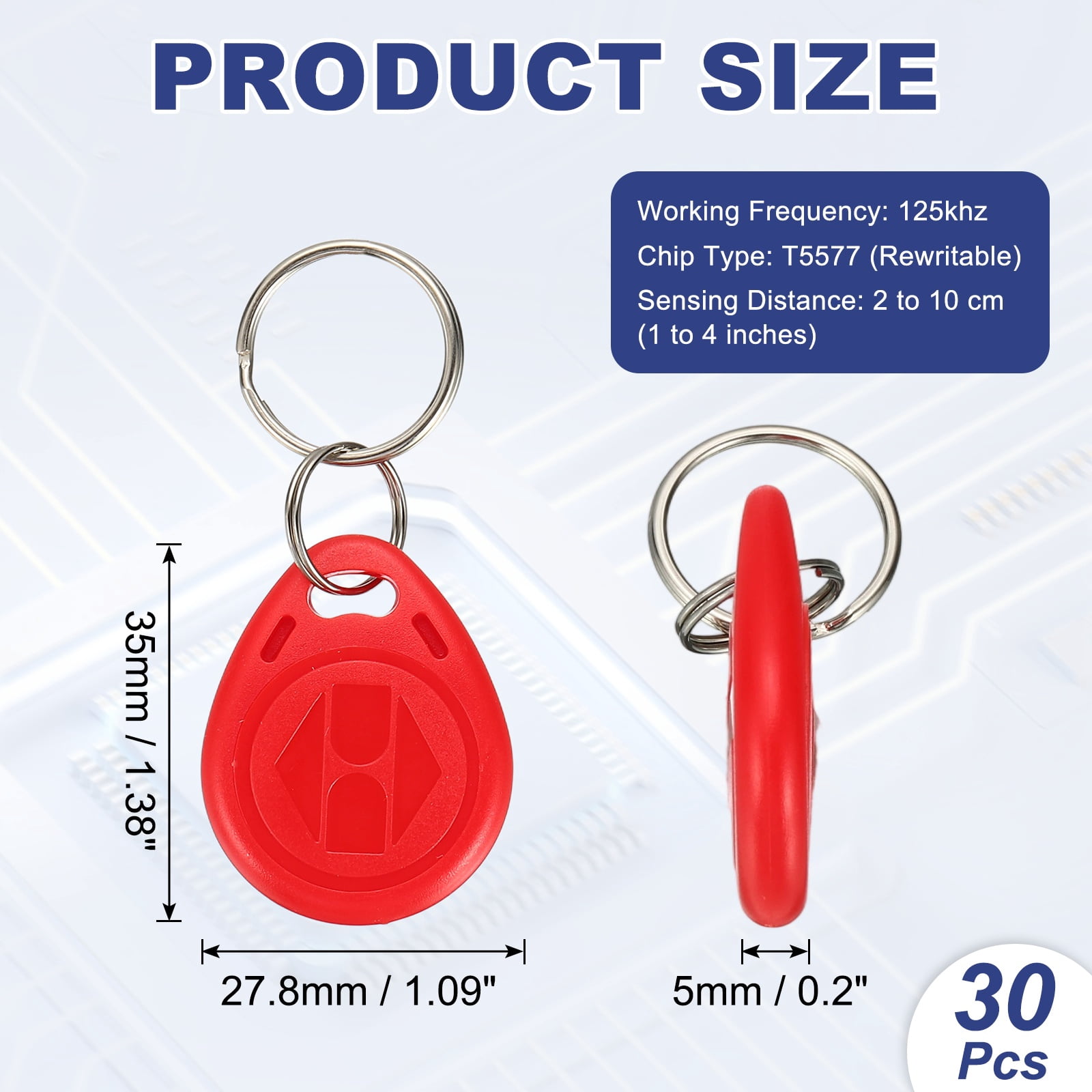 Uxcell 125kHz T5577 RFID Key Fob Tag, (Red) (30pcs), Writable Rewritable Smart Key Fobs Tags Blank Clone IC Card Key Classic 1K, Suit for - Entry Access Control Systems