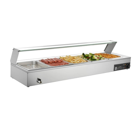 KFFKFF Commercial Food Warmer, 1500W Electric Stainless Steel Steam Heater with Glass Lid, Countertop Buffet Bain Marie with Five Half-Size Food Pans, Ideal for Catering, Restaurants, Parties