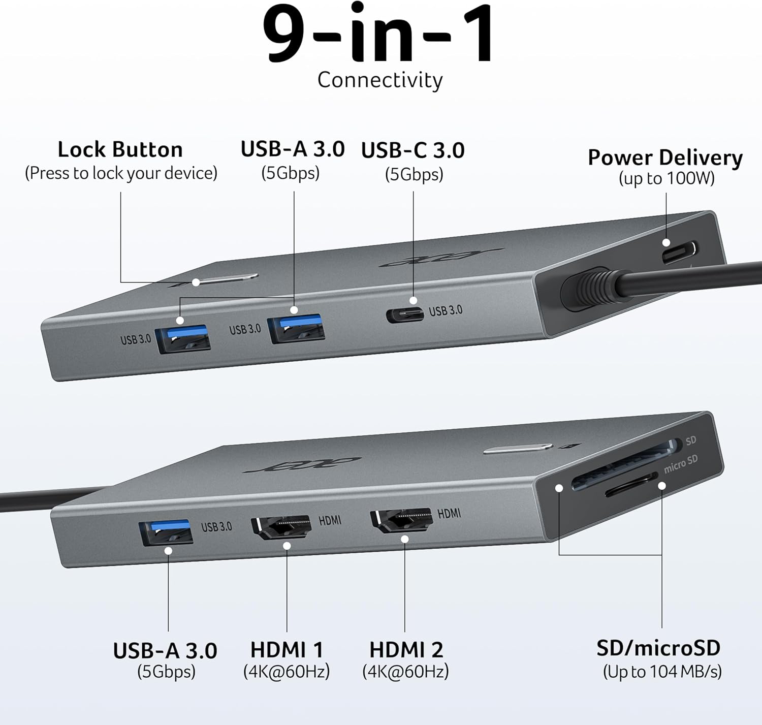 Acer USB C Docking Station Dual Monitor With 2 HDMI, 9-IN-1 Laptop Docking Station with 4K@60Hz HDMI, USB A&C 3.0, SD/Micro SD, 100W PD, USB C Dock Compatible with Acer/ XPS/HP/Mac/Surface (0.5FT)