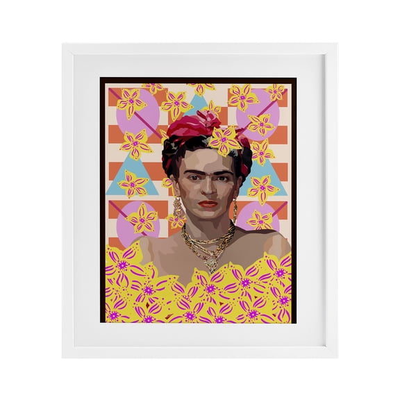 Frida's Floral Journey White Framed Print Under Glass, design by Lynnda Rakos