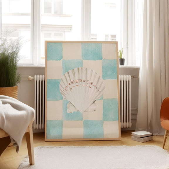 Baby Blue Check Minimal Seashell Art Print, Trendy Decor, Coastal Grandmother, Cottage Wall Art, Modern Wall Decor For Living Room, 8x12 UNFRAMED