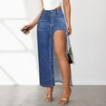thumbnail image 4 of WTOBBY Women's High Slit Denim Skirt Side Split Design Stretch High Waist Bodycon Pencil Skirt Mid Length Light Wash Summer Casual,Dark Blue 2XL, 4 of 5