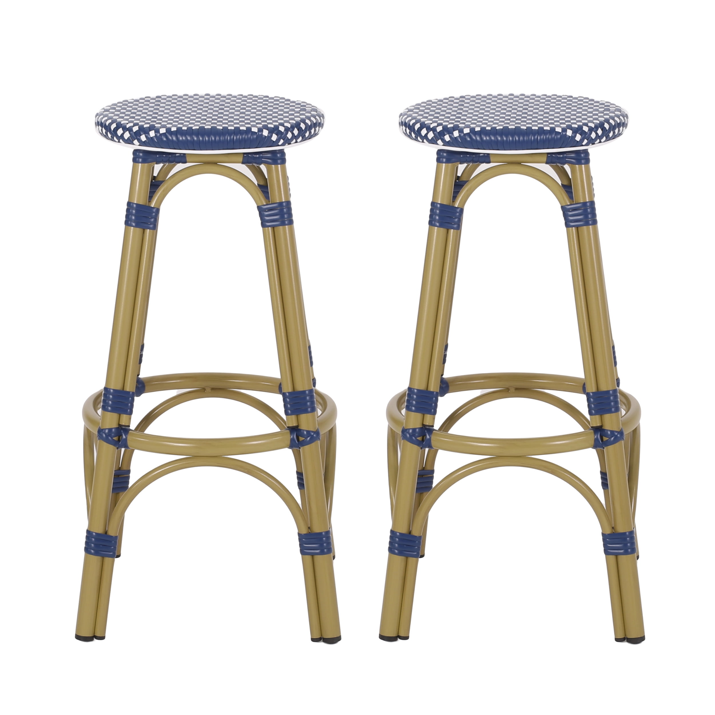 Wilbur Aluminum and Wicker Outdoor 29.5 Inch Barstools, Set of 2, Navy Blue, White, and Bamboo Finish