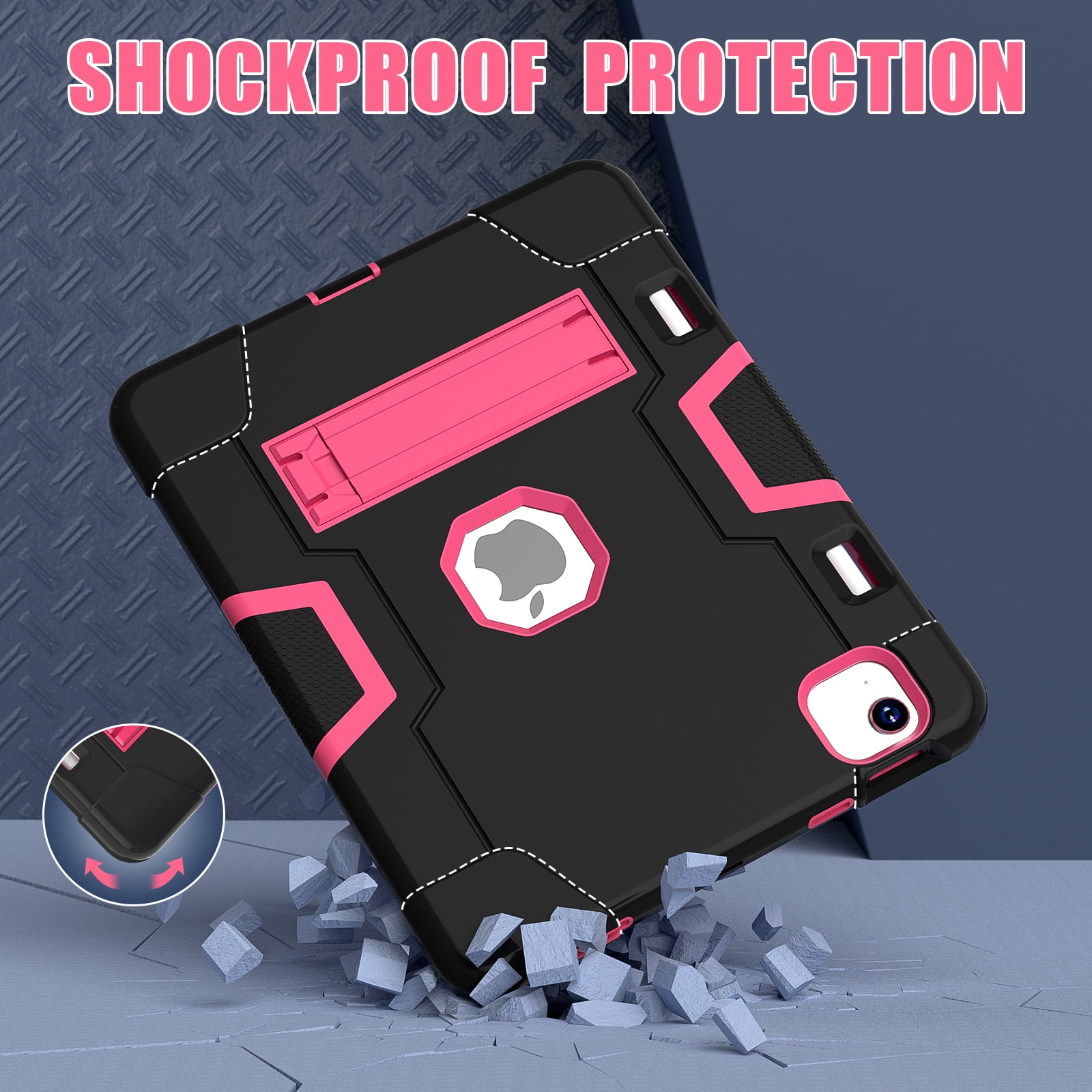 ELEHOLD for iPad Air 11 Inch Case 2024 Release, iPad Air 11 (M2) Case with Pencil Holder and Kickstand, Heavy Duty Shockproof Protective Cover,Black+Rose