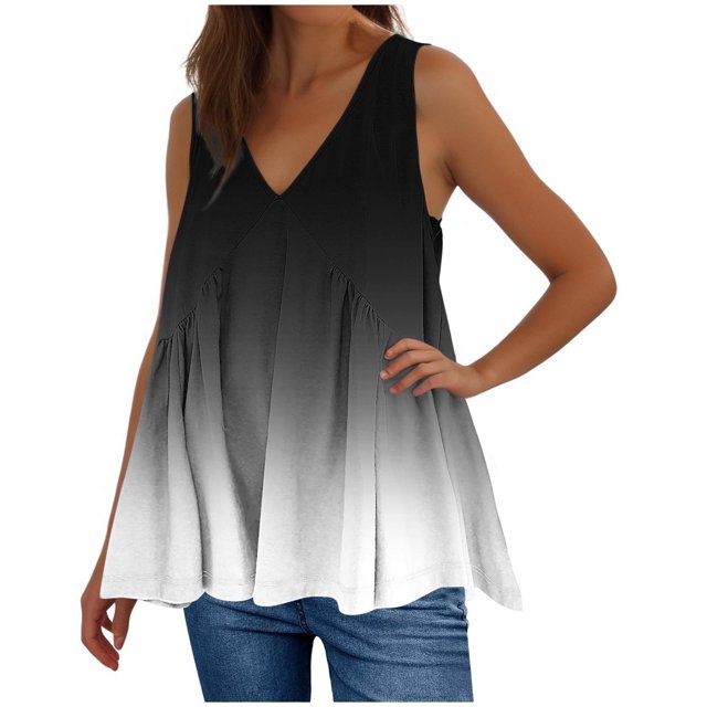 Plebaso V Neck Tank Tops for Women Gradient Color Ruffle Shirts Flowy Sleeveless Womens Summer Blouses