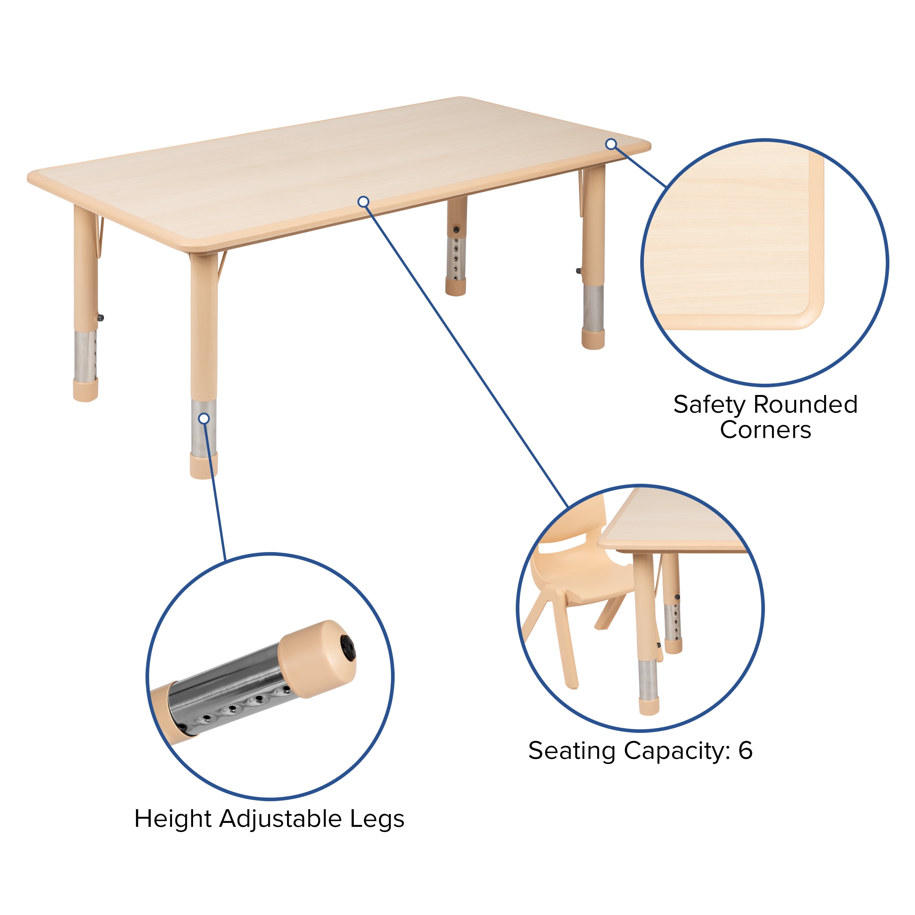 BizChair 23.625"W x 47.25"L Rectangular Natural Plastic Height Adjustable Activity Table Set with 6 Chairs