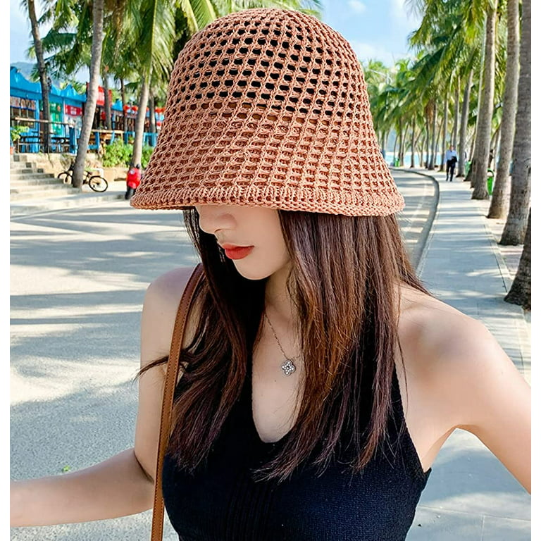 CoCopeaunts Womens Woven Sun Hats Floppy Wide Brim Bucket Hat Hollow  Breathable Foldable Summer Beach Cap Straw Hat 