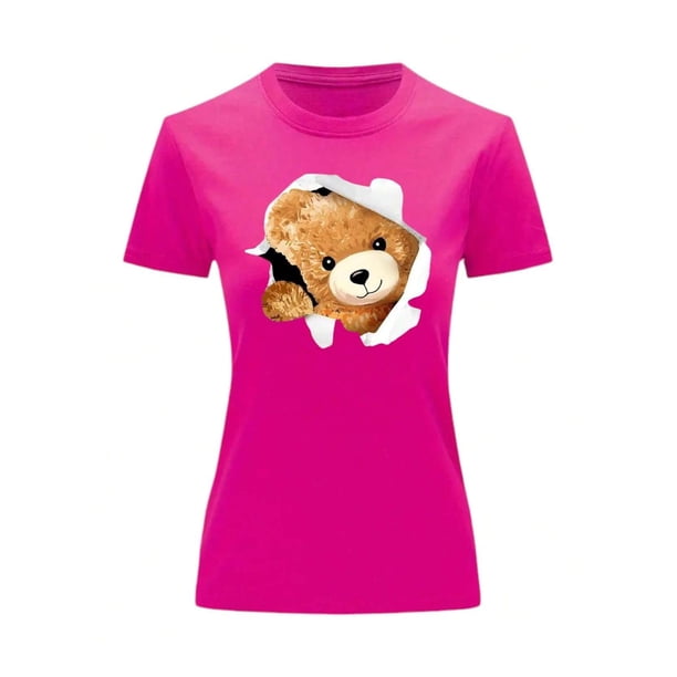 Playera Blusa Con Impresion De Oso Saliendo Del Pecho Ropa Para Mujer Color Fucsia Talla Chica Marca Emil SaEs