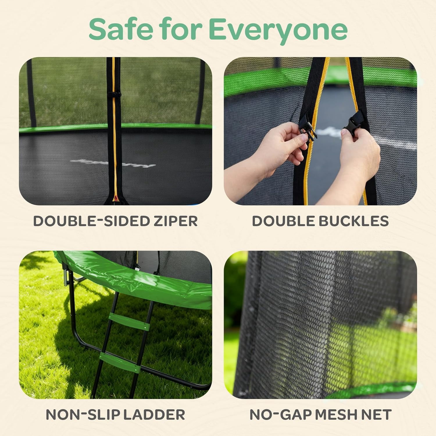 JoyBerri Trampoline Outdoor – 12Ft Recreational Trampoline with Enclosure Net, Ladder, LED Lights & Sprinkler – ASTM Certified Safe - Green